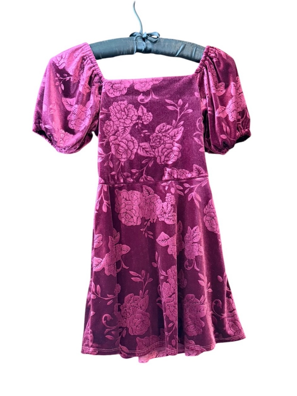 Rare Editions Burgundy Maroon Floral Velvet Puff-Sleeve Dress